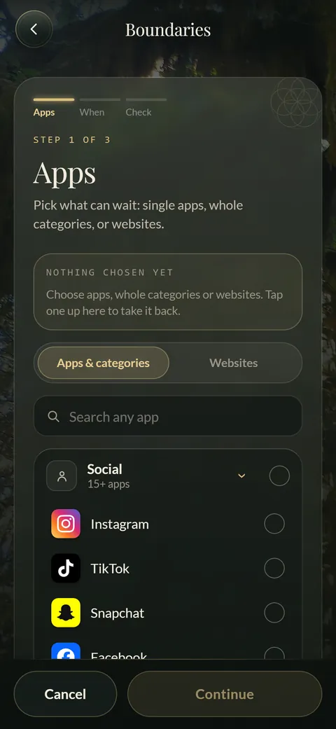 Boundaries: pick what can wait, from single apps to whole categories or websites.
